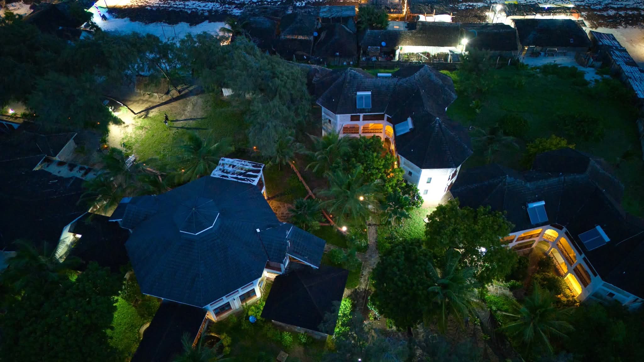 Aerial night view of the resort complex