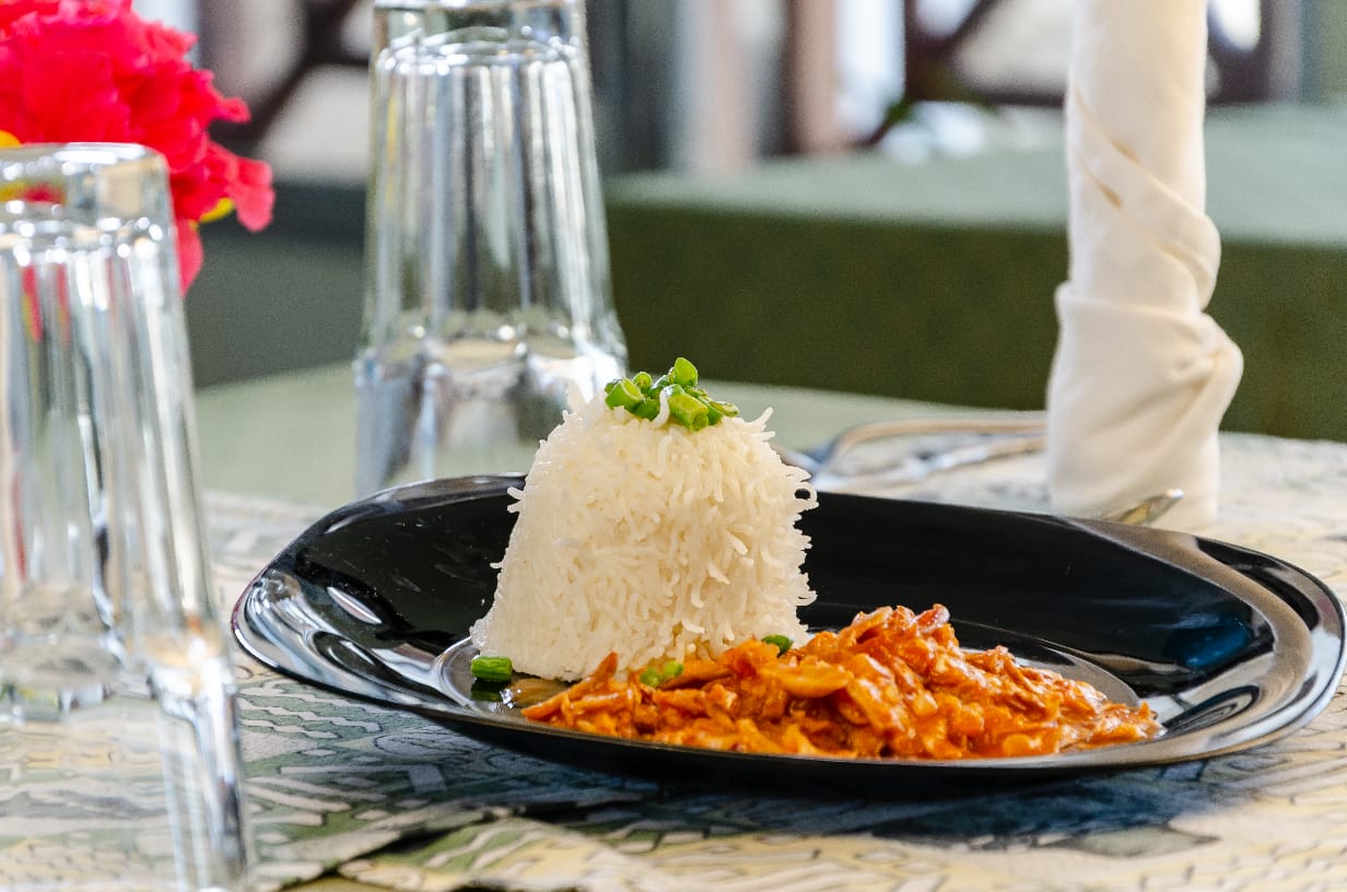 Rice and stew meal served at the resort